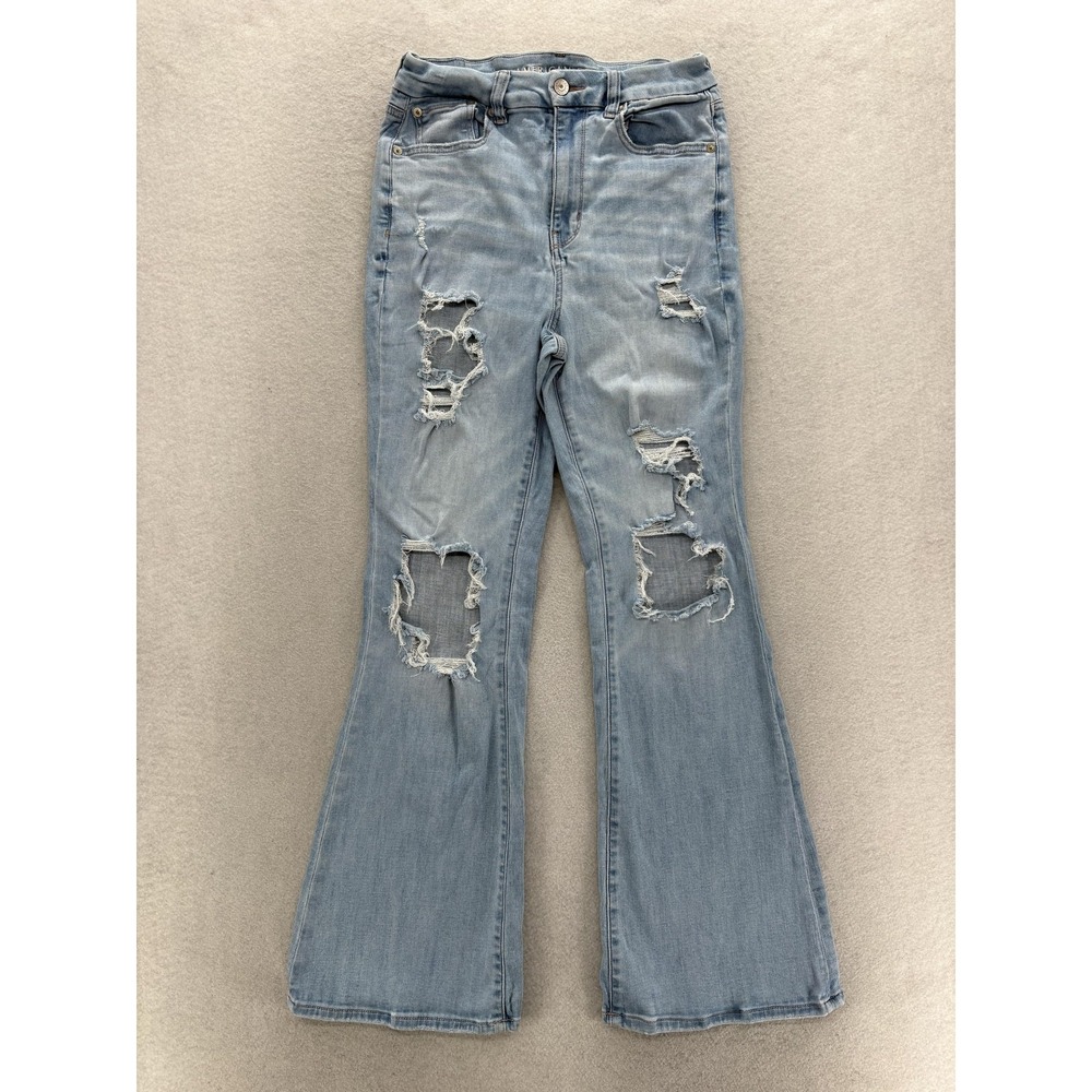 American Eagle Curvy Super High-Rise Flare Jeans Womens 6 Blue Light Distressed